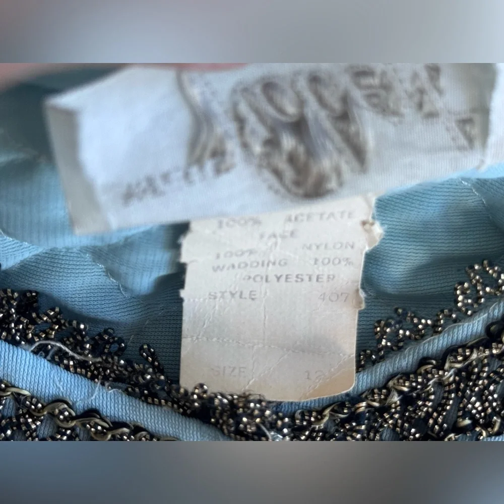 Vintage 70s Flobert Edwardian Baby Blue Bling Quilt Mod Long Robe House Coat - Picture 10 of 16